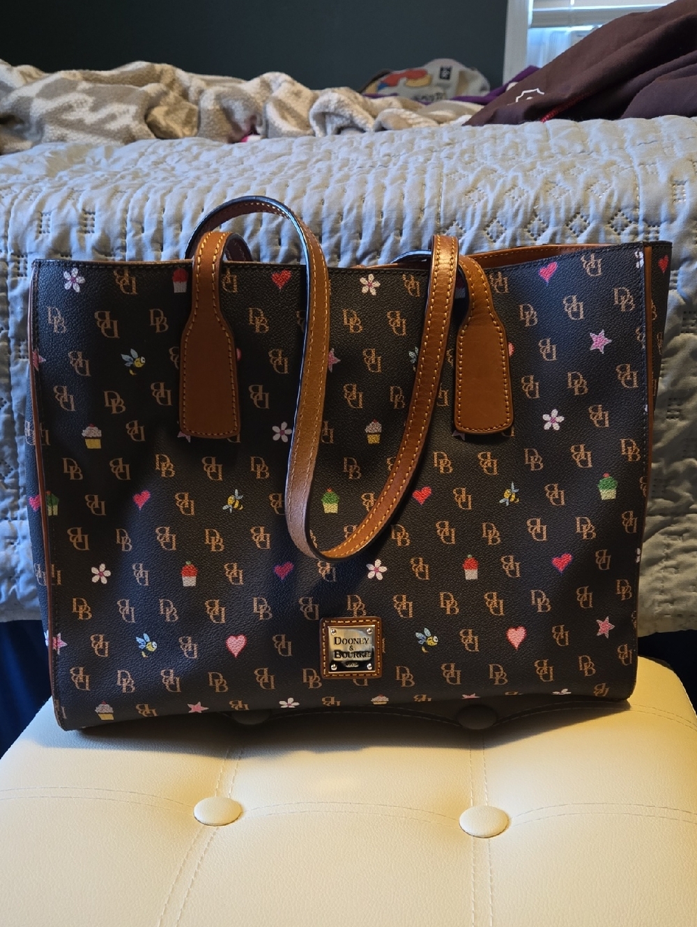 Dooney & Bourke Brown Logo Tote with Colorful Motifs